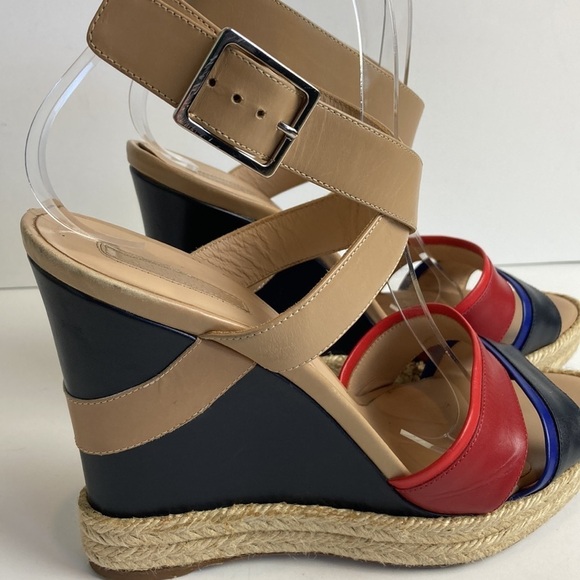 Longchamp Finca Louisa Wedge Espadrille Red Blue Sandals 39 US 8.5 Resortwear - Picture 6 of 15